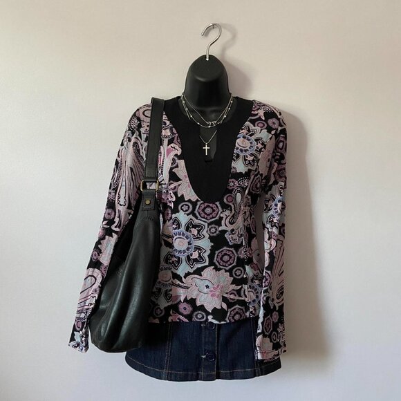 y2k 2000s micro mesh floral paisley print long sleeve whimsigoth fairy top - Picture 3 of 8